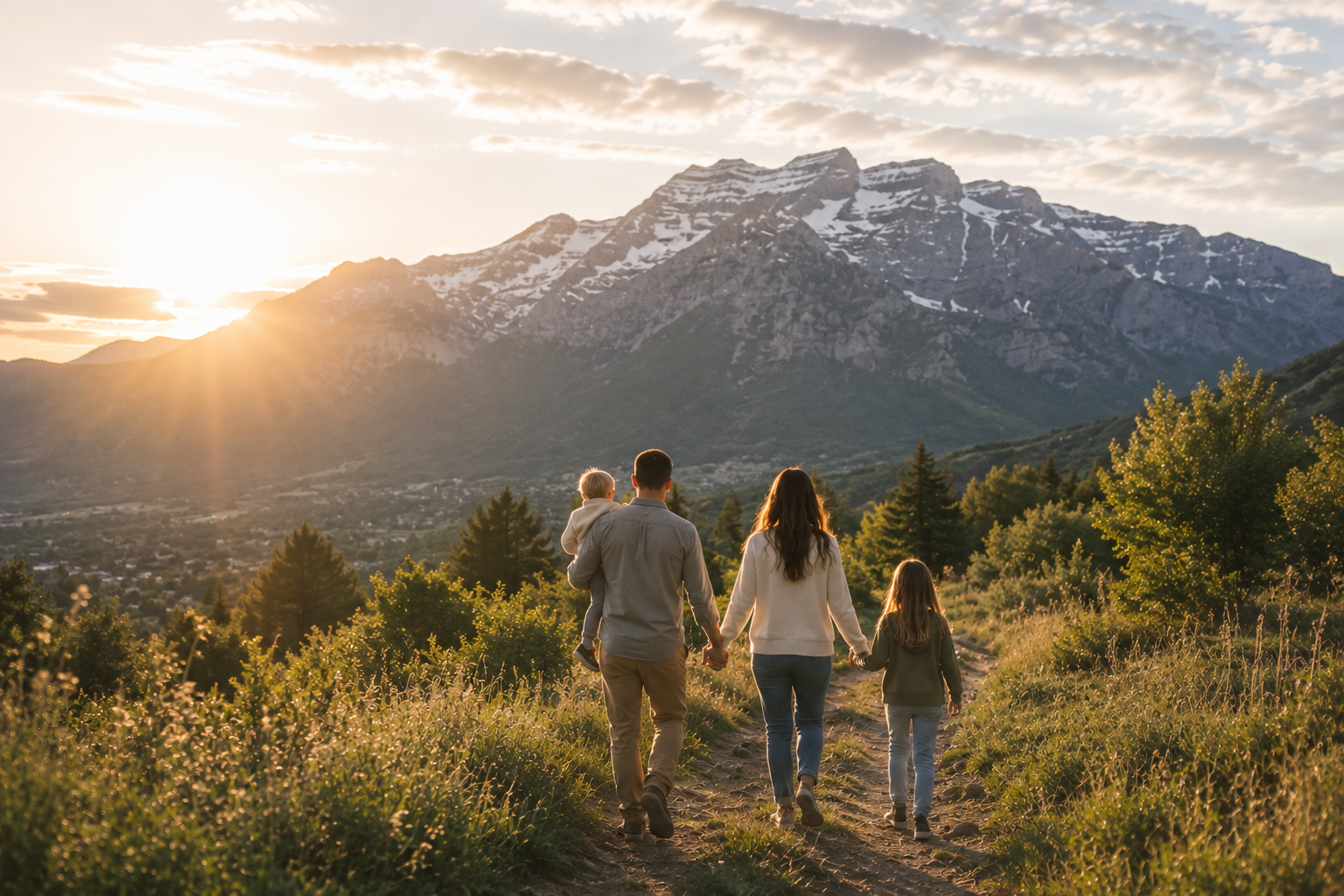 A family walking a sunlit trail toward Mount Timpanogos near Alpine, Utah at sunrise
