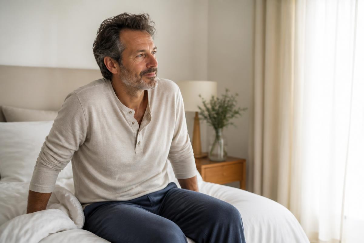 A man waking calmly at the edge of his bed in soft morning light